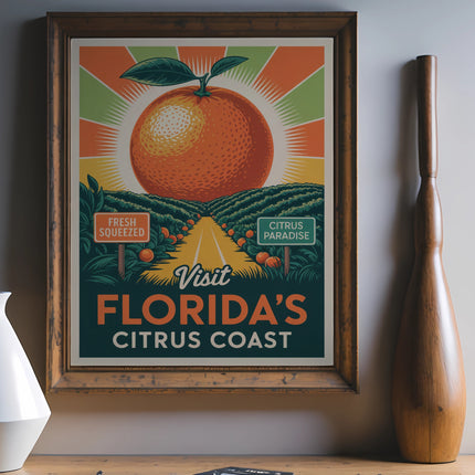 Vintage Florida's Citrus Coast poster with orange and road scene.