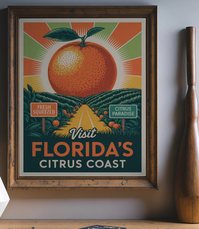 Vintage Florida's Citrus Coast poster with orange and road scene.