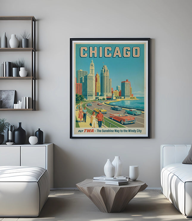 Vintage Chicago travel poster with city skyline, people, cars, and "FLY TWA - The Sunshine Way to the Windy City" text.