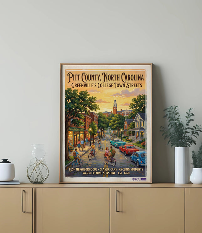 Pitt County, NC vintage poster depicting Greenville's college town streets with cyclists and cars.