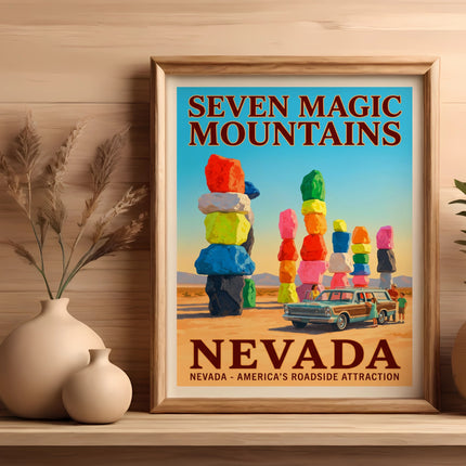 Seven Magic Mountains, Nevada roadside attraction poster with vintage car and people.