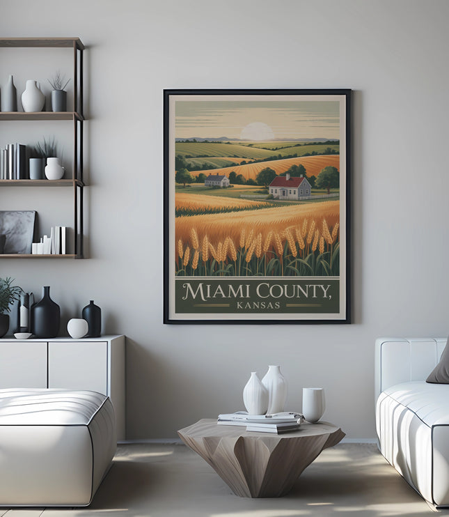 Wheat fields and farmhouses in Miami County vintage travel poster.