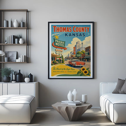 Retro Thomas County, Kansas poster with Prairie Motel and Colby landmarks.