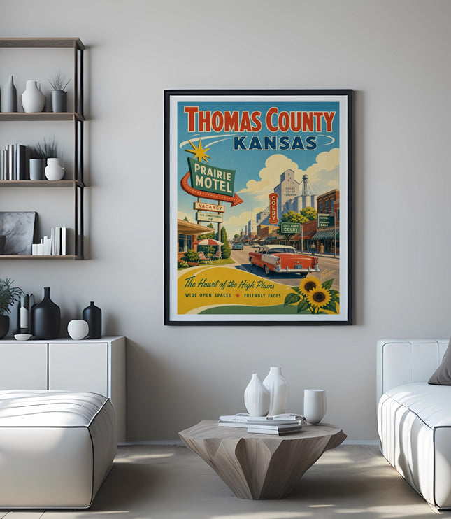 Retro Thomas County, Kansas poster with Prairie Motel and Colby landmarks.