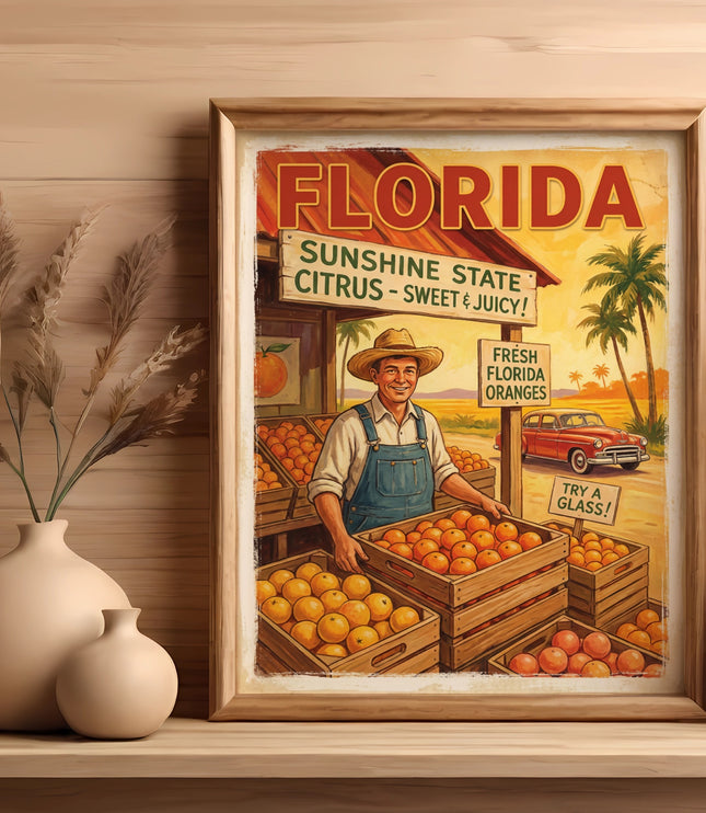 Framed vintage Florida citrus poster with farmer, oranges, retro car, and palm trees.