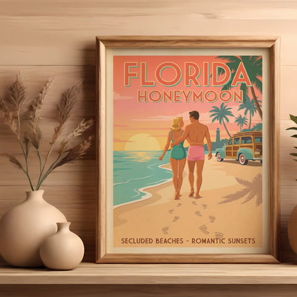 Retro Florida honeymoon travel poster with couple walking on beach.