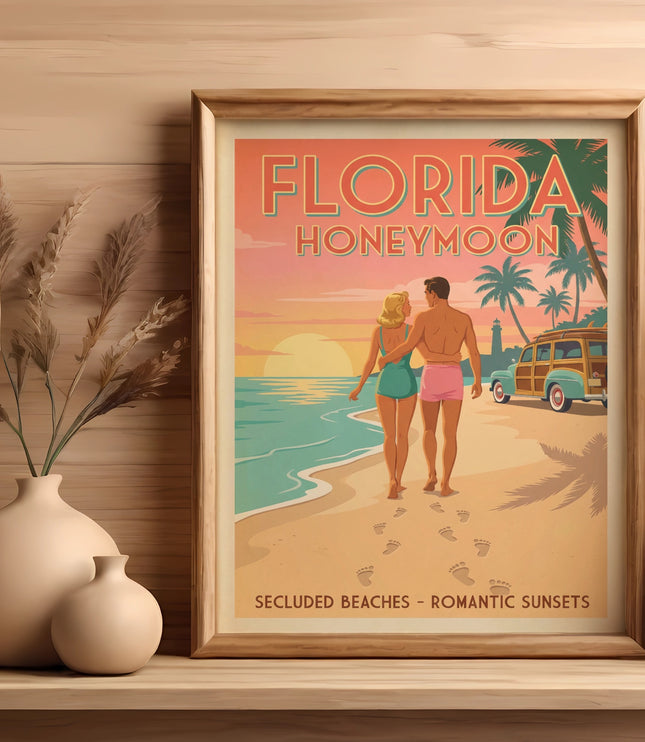 Retro Florida honeymoon travel poster with couple walking on beach.