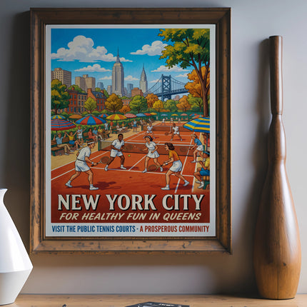 New York City poster for healthy fun in Queens tennis courts.
