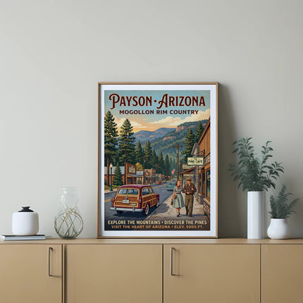 Payson, Arizona, Mogollon Rim Country vintage travel poster with woodie car and couple.