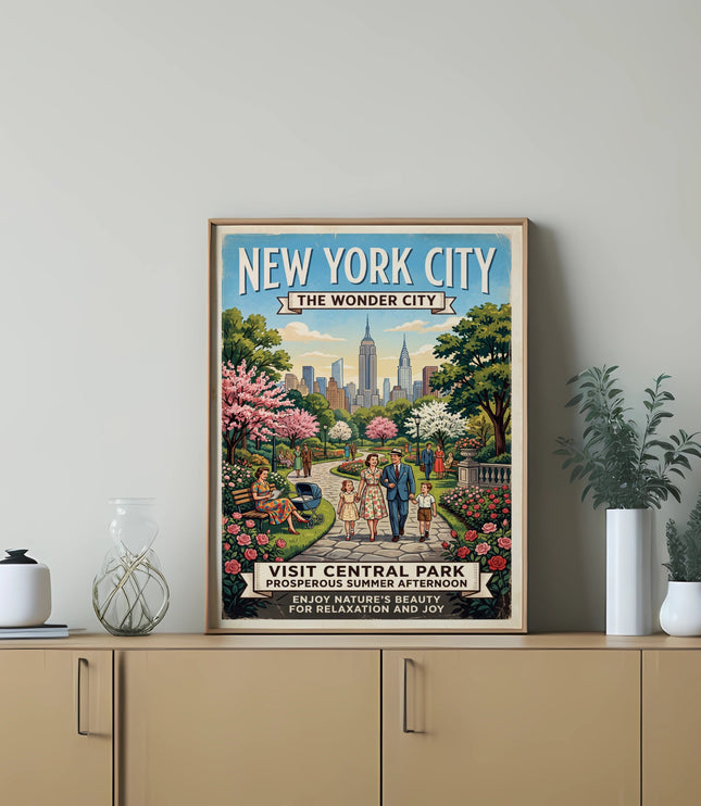 New York City poster shows a family in Central Park with Empire State Building.