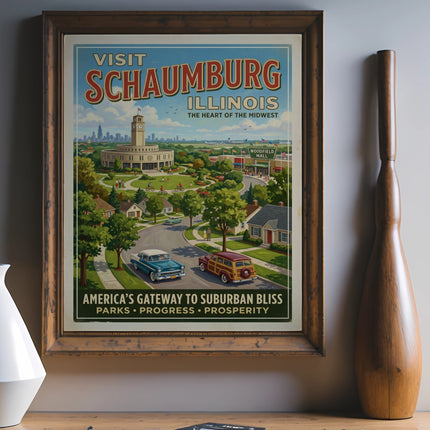 Visit Schaumburg Illinois vintage travel poster with Woodfield Mall.