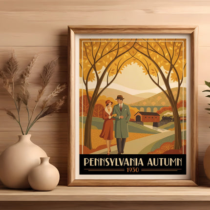 Framed print of a couple walking under autumn trees, Pennsylvania 1930.