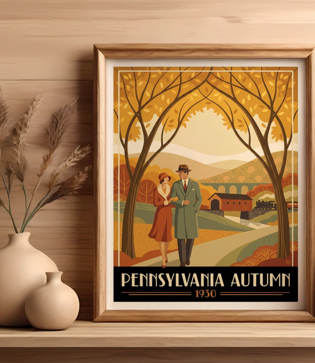 Framed print of a couple walking under autumn trees, Pennsylvania 1930.
