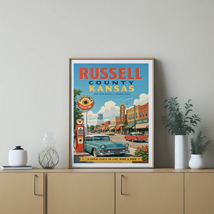 Retro poster of Russell County, Kansas with vintage car and gas station.