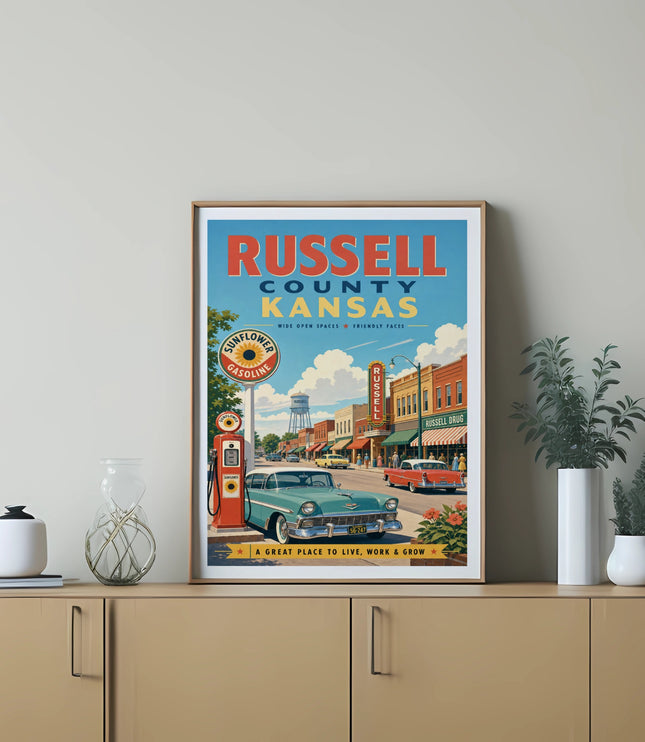 Retro poster of Russell County, Kansas with vintage car and gas station.