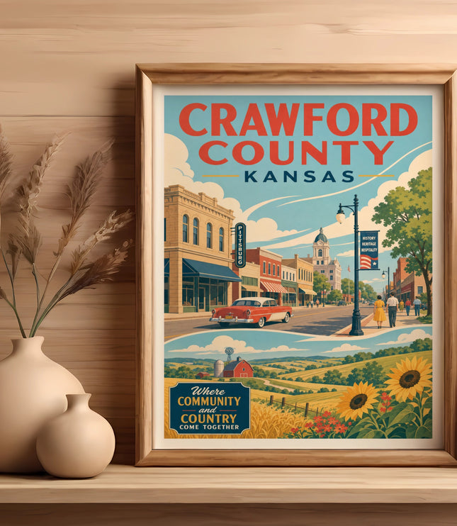 Crawford County Kansas poster with vintage car and sunflowers.