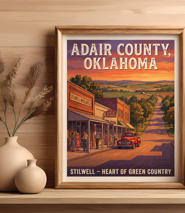 Adair County, Oklahoma vintage travel poster featuring Stilwell Mercantile and Dixie Diner.