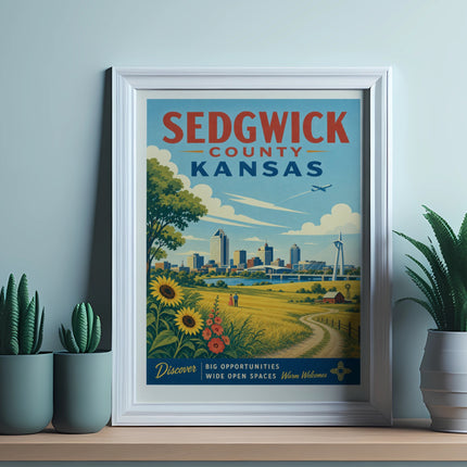 Sedgwick County Kansas travel poster with city skyline, sunflowers, and open spaces.