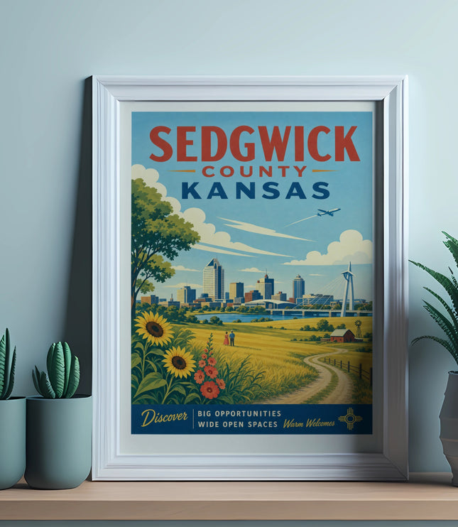 Sedgwick County Kansas travel poster with city skyline, sunflowers, and open spaces.