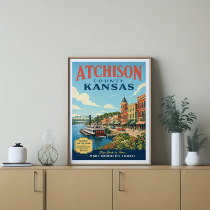 Atchison County Kansas travel poster with river scene and historic buildings.