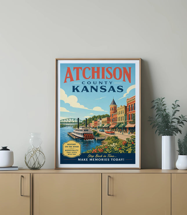 Atchison County Kansas travel poster with river scene and historic buildings.
