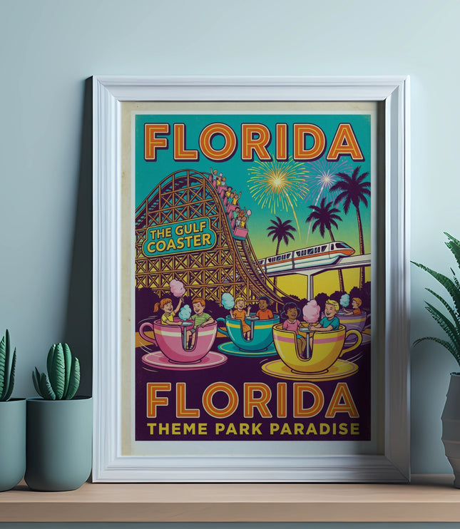 Florida theme park poster with roller coaster, tea cups, monorail, and fireworks.