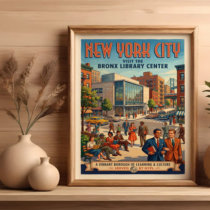 Vintage New York City poster for Bronx Library Center, featuring people and buildings.