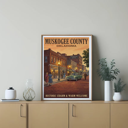 Poster of Muskogee County, Oklahoma, with vintage street scene and text.