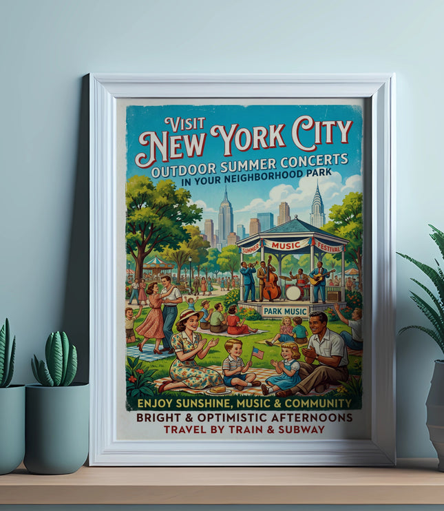 Visit New York City outdoor summer concerts in your neighborhood park with this retro poster.
