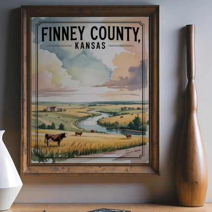 Vintage Finney County, Kansas landscape with cows and a river.