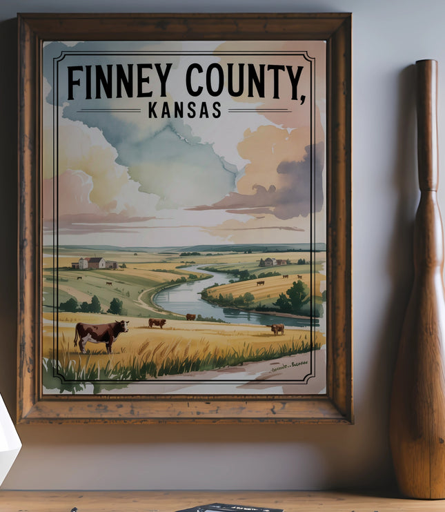 Vintage Finney County, Kansas landscape with cows and a river.
