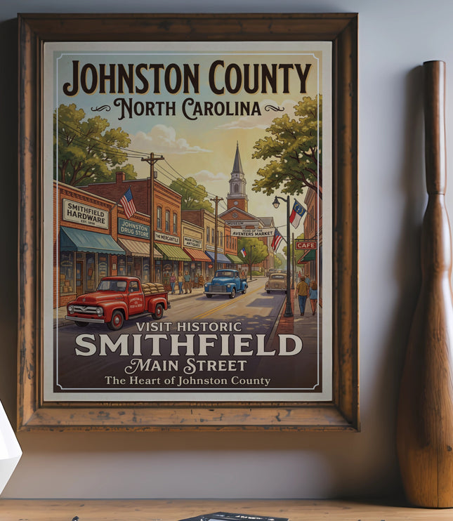Johnston County North Carolina travel poster featuring Smithfield Main Street.
