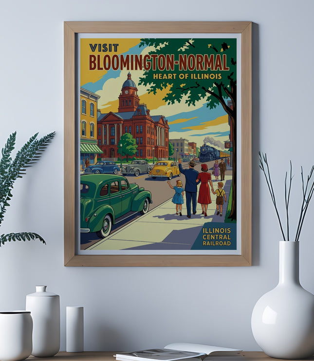 Visit Bloomington-Normal, Heart of Illinois, with Illinois Central Railroad poster.