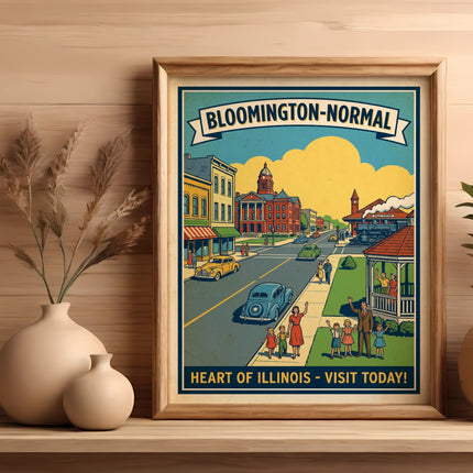 Bloomington-Normal, Illinois vintage travel poster with people and buildings.