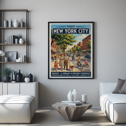 Vintage "Visit New York City" poster depicting Jackson Heights, Queens street scene.