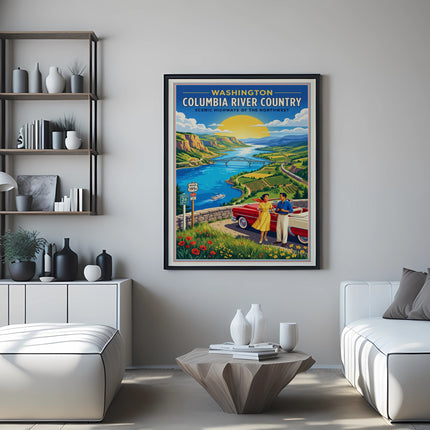 Vintage poster of Washington's Columbia River Country with a couple and car.
