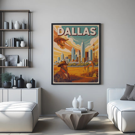 Vintage "DALLAS" city skyline poster with a cowboy in a field.