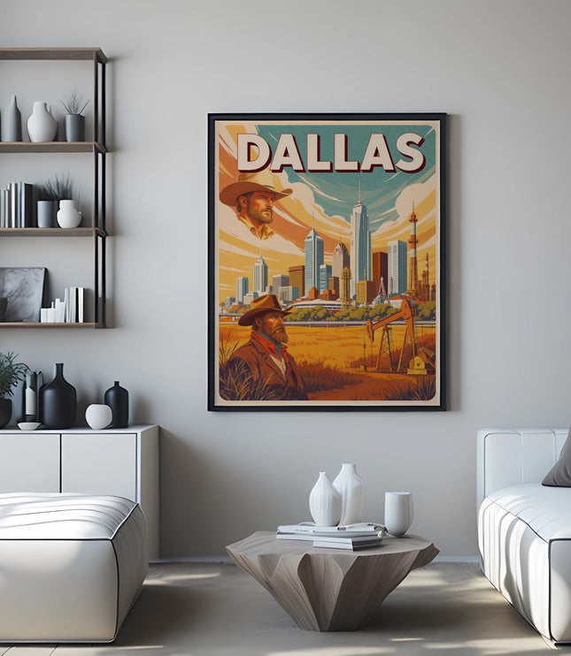 Vintage "DALLAS" city skyline poster with a cowboy in a field.
