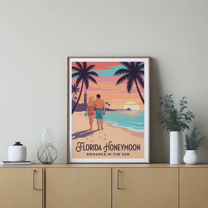Couple walking on beach at sunset with text "Florida Honeymoon Romance in the Sun".