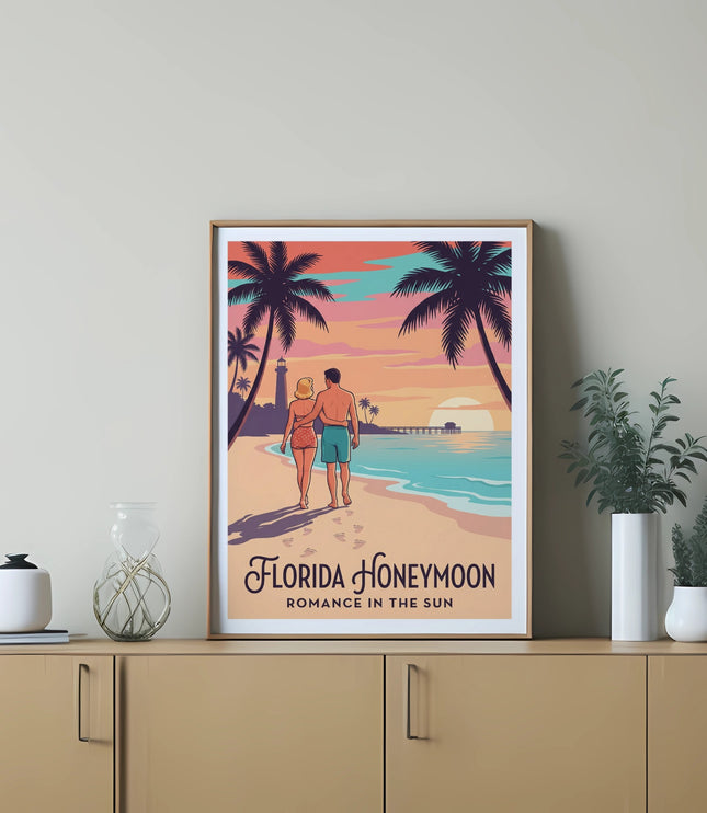 Couple walking on beach at sunset with text "Florida Honeymoon Romance in the Sun".