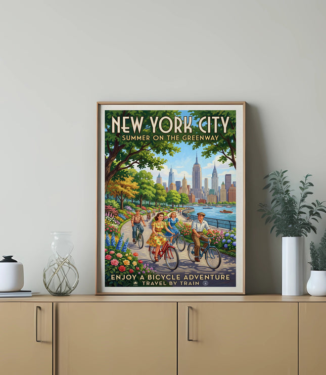 New York City poster with people cycling on a greenway with skyline.