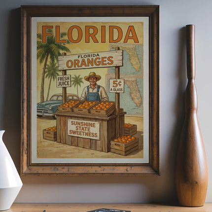 Vintage Florida Oranges sign with farmer, fruit crates, and a juice price.