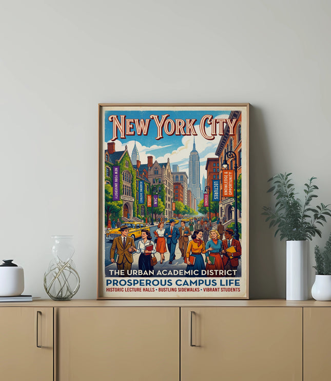 New York City poster depicting an urban academic district with students and Empire State Building.