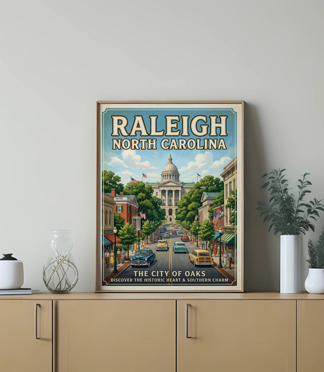 Vintage style poster of Raleigh, North Carolina with capitol building and historic street scene.