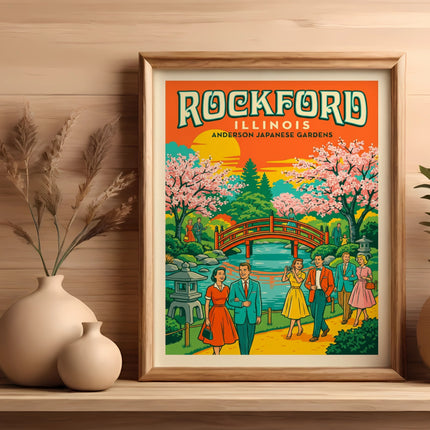 Framed vintage travel poster for Rockford, Illinois featuring a Japanese garden scene.