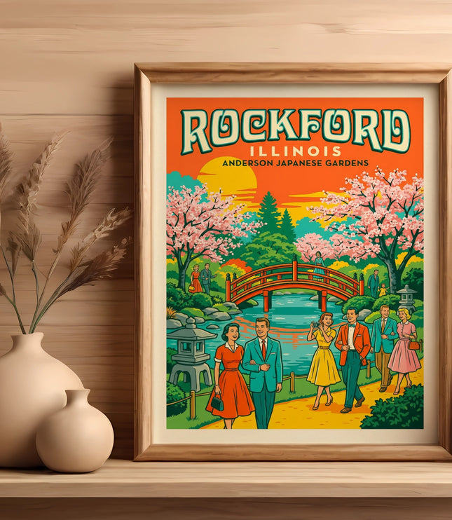 Framed vintage travel poster for Rockford, Illinois featuring a Japanese garden scene.
