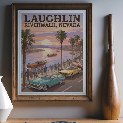 Vintage poster of Laughlin Riverwalk, Nevada with classic cars and riverboats at sunset.