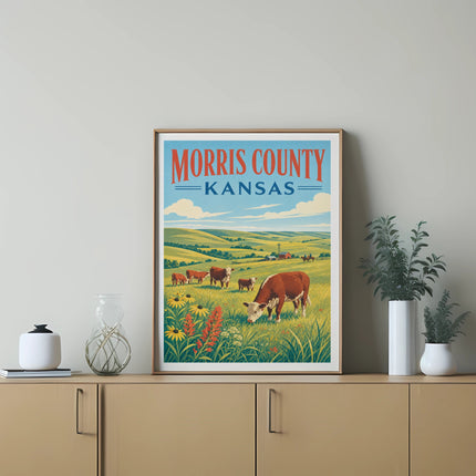 Morris County, Kansas poster with cows in a field and sunflowers.