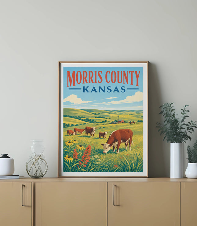 Morris County, Kansas poster with cows in a field and sunflowers.