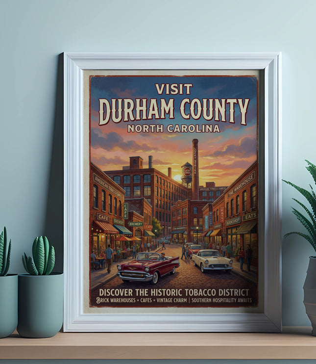 Visit Durham County, North Carolina travel poster with vintage cars and brick buildings.